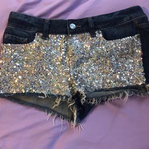 Only worn twice! Pink sequin cut off shorts!